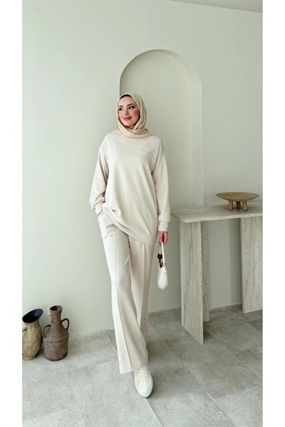 Kadın Tesettür Çimalı Pantolon İkili Takım M7154 - Bej