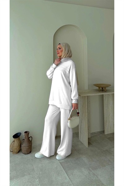 Kadın Tesettür Çimalı Pantolon İkili Takım M7154 - Beyaz