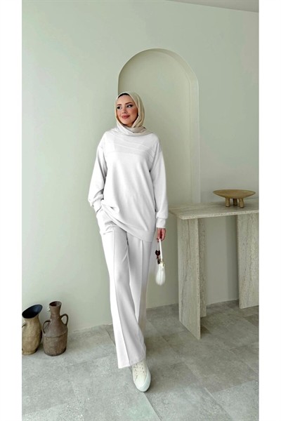 Kadın Tesettür Çimalı Pantolon İkili Takım M7154 - Beyaz
