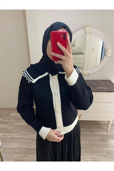 Kadın Vintage Yaka Düğmeli Etek Üstü Triko Hırka - Siyah