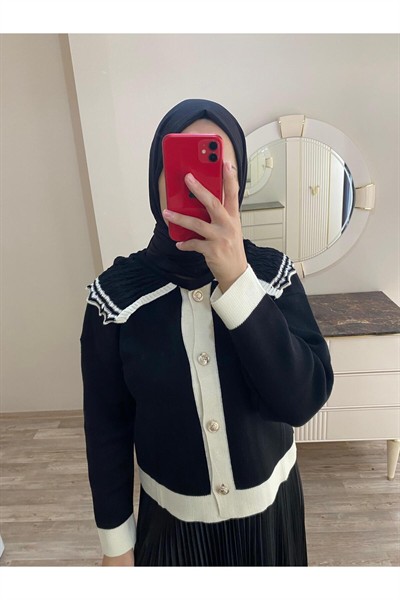 Kadın Vintage Yaka Düğmeli Etek Üstü Triko Hırka - Siyah