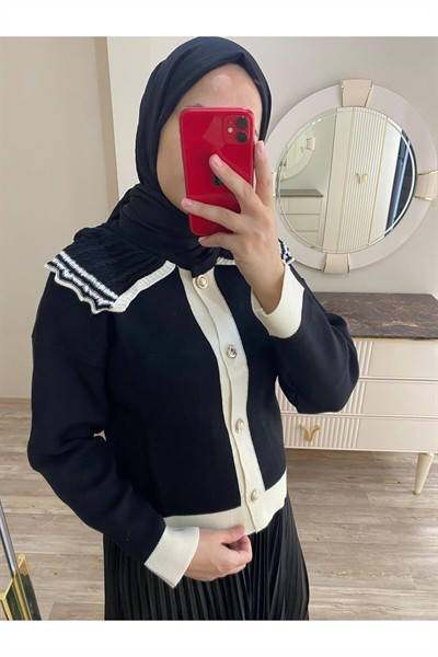 Kadın Vintage Yaka Düğmeli Etek Üstü Triko Hırka - Siyah