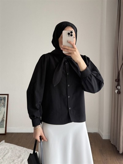Kadın Yakası Bağcıklı Etek Üstü Poplin Gömlek - Siyah
