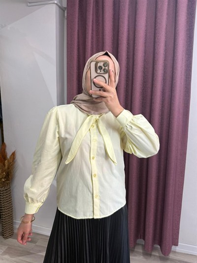 Kadın Yakası Bağcıklı Etek Üstü Poplin Gömlek - Sarı