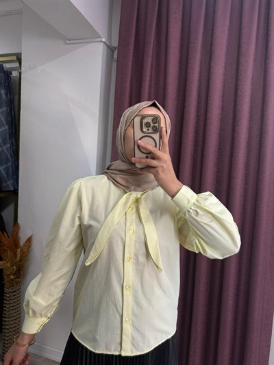 Kadın Yakası Bağcıklı Etek Üstü Poplin Gömlek - Sarı