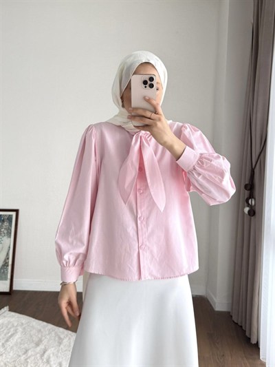 Kadın Yakası Bağcıklı Kısa Poplin Gömlek - Pembe