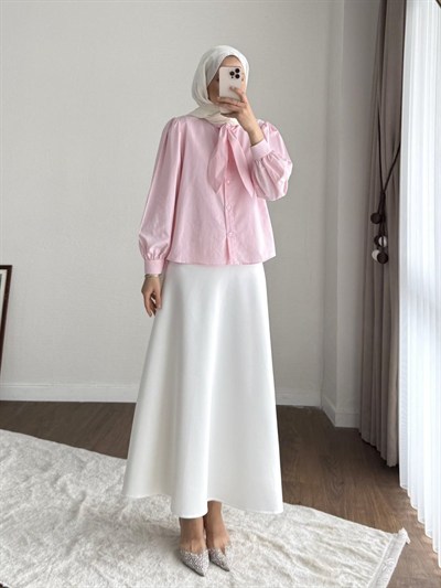 Kadın Yakası Bağcıklı Kısa Poplin Gömlek - Pembe