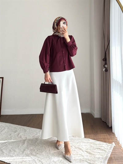Kadın Yakası Bağcıklı Kısa Poplin Gömlek - Bordo