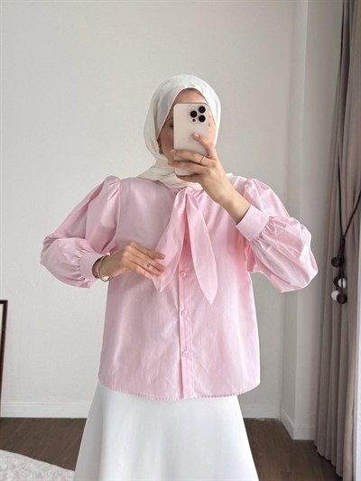 Kadın Yakası Bağcıklı Kısa Poplin Gömlek - Pembe