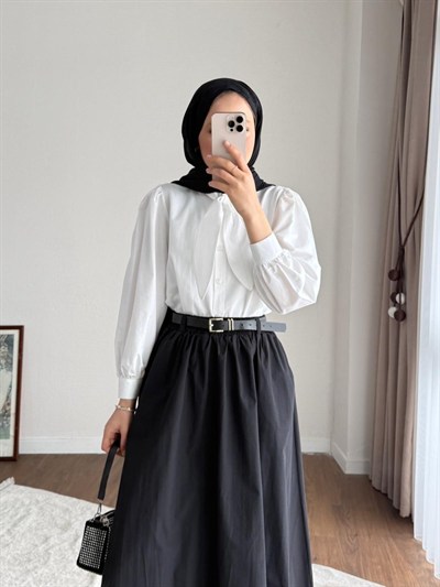 Kadın Yakası Bağcıklı Kısa Poplin Gömlek - Beyaz