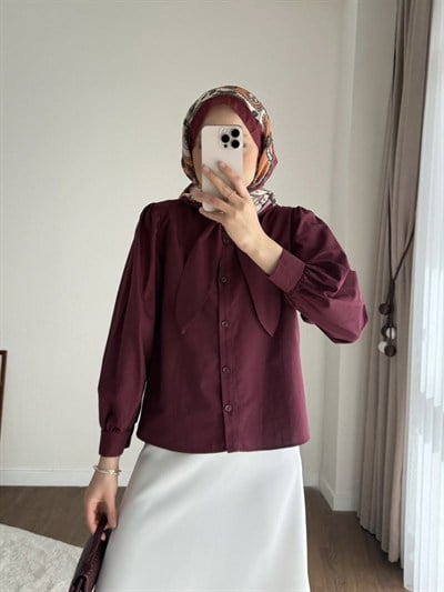 Kadın Yakası Bağcıklı Kısa Poplin Gömlek - Bordo