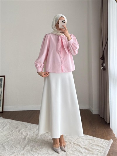 Kadın Yakası Bağcıklı Kısa Poplin Gömlek - Pembe