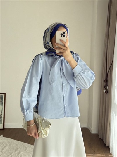 Kadın Yakası Bağcıklı Kısa Poplin Gömlek - Bebe Mavisi