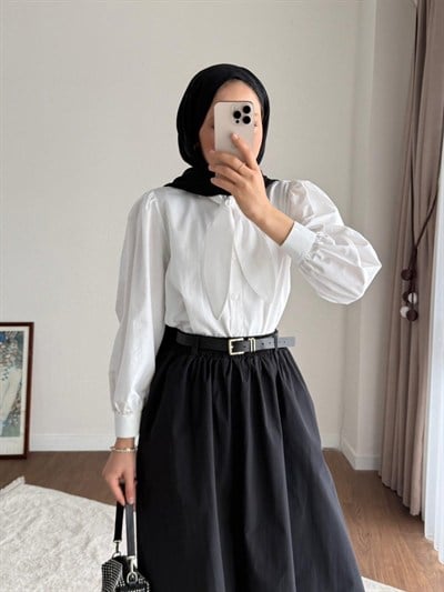 Kadın Yakası Bağcıklı Kısa Poplin Gömlek - Beyaz