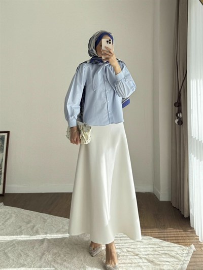 Kadın Yakası Bağcıklı Kısa Poplin Gömlek - Bebe Mavisi