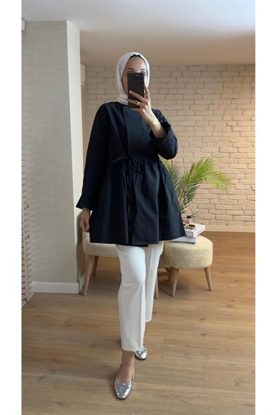 Kadın Yandan Bağlamalı Paraşüt Kumaş Kimono Siyah Tesettür