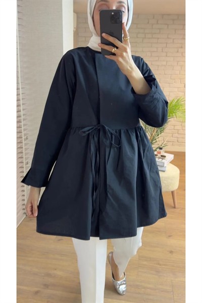 Kadın Yandan Bağlamalı Paraşüt Kumaş Kimono Siyah Tesettür