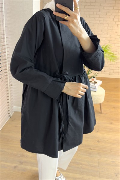 Kadın Yandan Bağlamalı Paraşüt Kumaş Kimono Siyah Tesettür