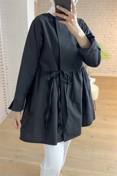 Kadın Yandan Bağlamalı Paraşüt Kumaş Kimono Siyah Tesettür