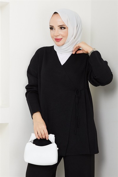 Kadın Yandan Bağlamalı Triko Takım Tesettür - SİYAH
