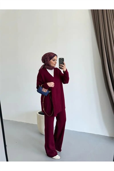 Kadın Yandan Bağlamalı Triko Takım Tesettür - BORDO