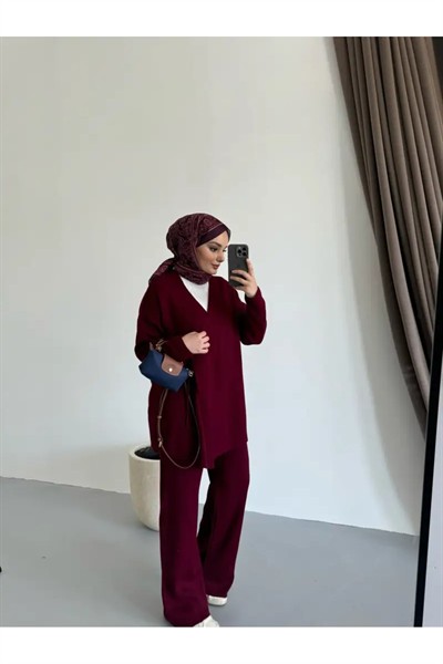 Kadın Yandan Bağlamalı Triko Takım Tesettür - BORDO