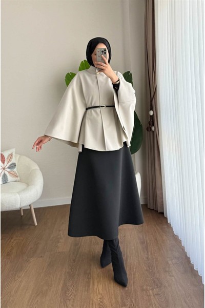 Kadın Yeni Sezon Oversize Kemerli Kaşe Panço M25131 - Bej