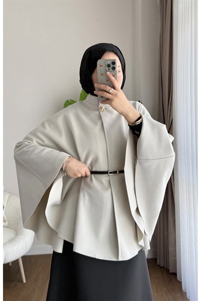 Kadın Yeni Sezon Oversize Kemerli Kaşe Panço M25131 - Bej