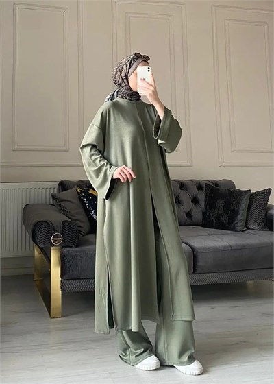 Kadın Yırtmaç Detaylı Uzun Pantolon Takım M62810 - Haki