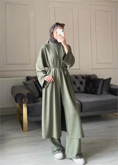 Kadın Yırtmaç Detaylı Uzun Pantolon Takım M62810 - Haki
