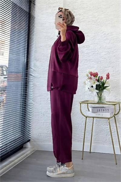 Kapüşonlu Paça Pile Detay Pantolon Takım M26153 - Mürdüm