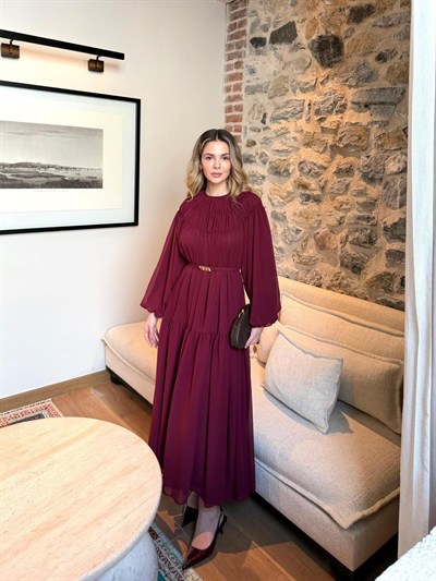 Kat Kat Büzgülü Kemer Detaylı Şifon Elbise - Bordo