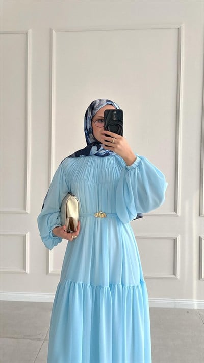 Kat Kat Büzgülü Kemer Detaylı Şifon Elbise - Bebe Mavisi