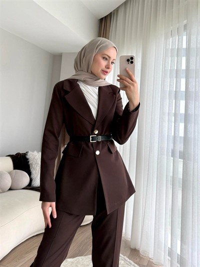 Double Kumaş Kemerli Ceket ve Pantolon Takım - Kahverengi