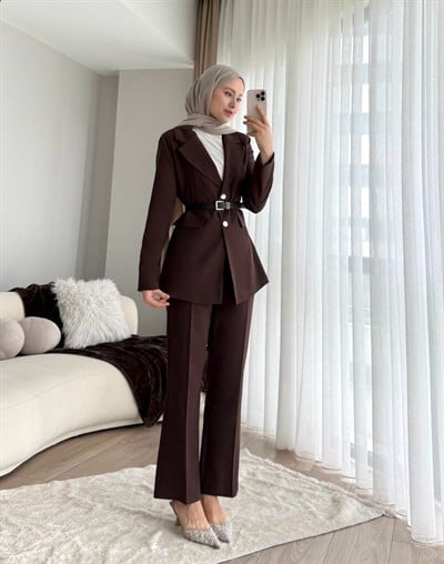 Kemerli Double Ceket ve Pantolon Takım - Kahverengi