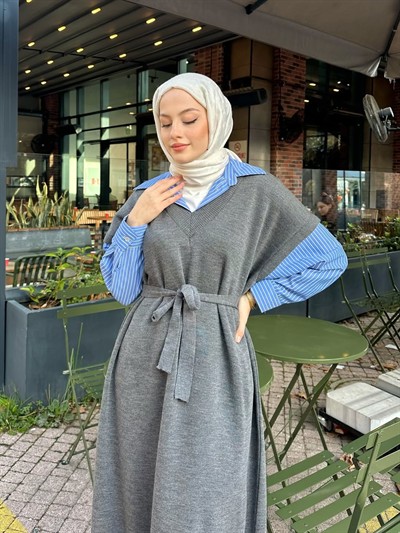 Poplin Detaylı Triko Elbise - Antrasit