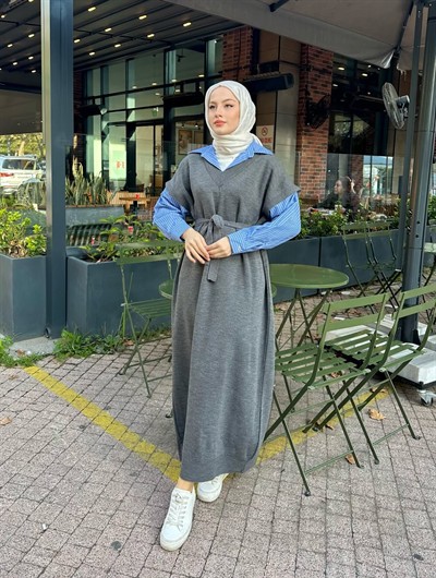 Poplin Detaylı Triko Elbise - Antrasit