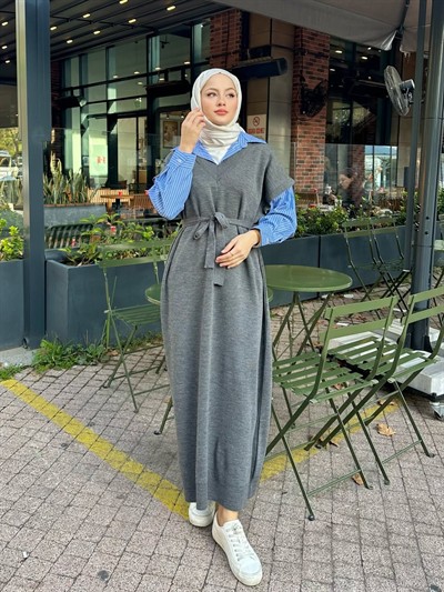 Poplin Detaylı Triko Elbise - Antrasit