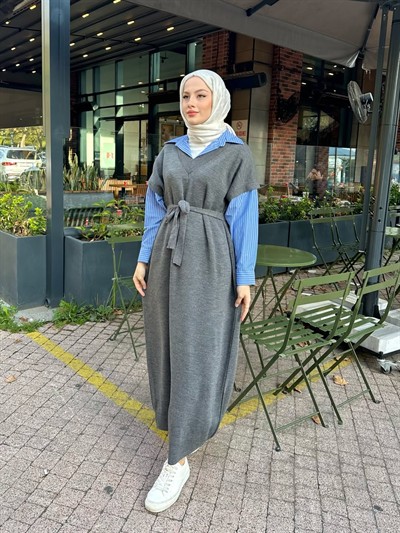 Poplin Detaylı Triko Elbise - Antrasit