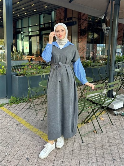 Poplin Detaylı Triko Elbise - Antrasit