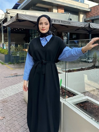Poplin Detaylı Triko Elbise - Siyah
