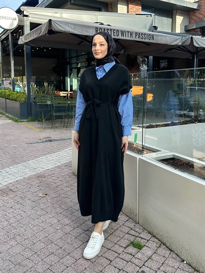 Poplin Detaylı Triko Elbise - Siyah