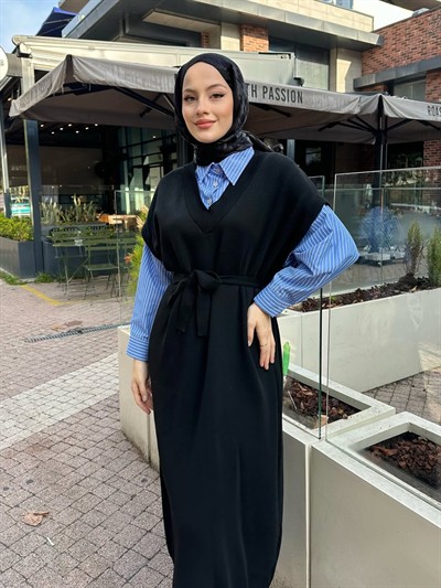 Poplin Detaylı Triko Elbise - Siyah