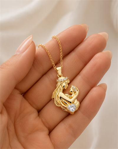 Gümüş Anne Bebek Figürlü Kalp Taşlı Gold Kolye