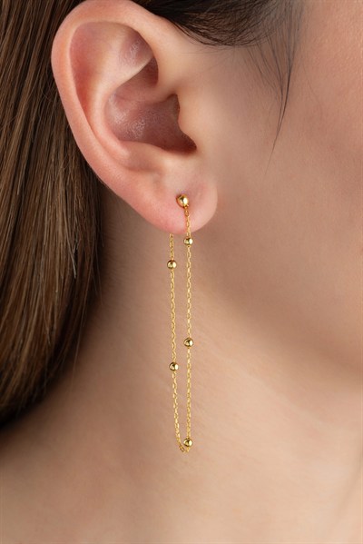 Gümüş Çift Zincirli Gold Top Detaylı Kadın Küpe