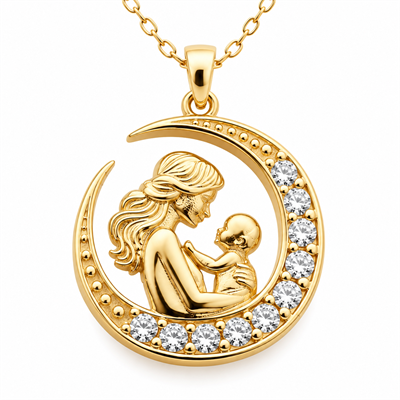 Gümüş Hilal İçinde Anne Bebek Figürlü Gold Kolye