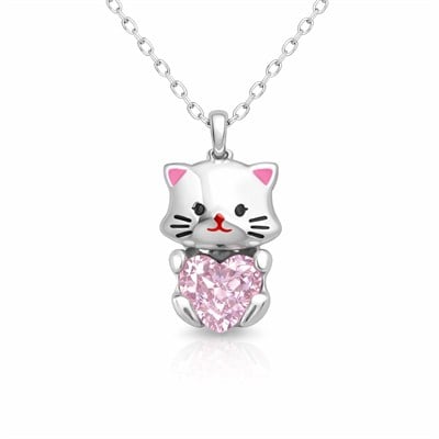 Gümüş Pembe Taşlı Sevimli Kedi Kadın Kolye