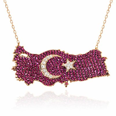 Gümüş Rose Ay Yıldız Türkiye Haritası Kadın Kolye