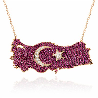 Gümüş Rose Ay Yıldız Türkiye Haritası Kadın Kolye