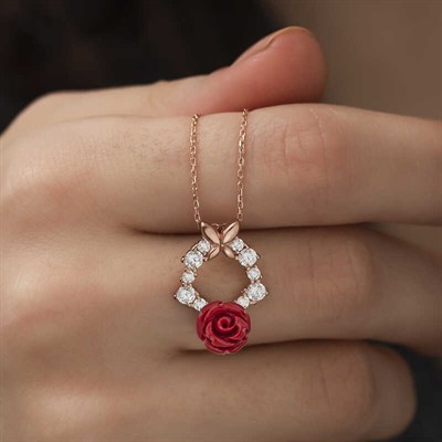 ​​Gümüş Rose Kırmızı Gül Kolye